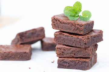 Close up homemade chocolate brownies with copy space