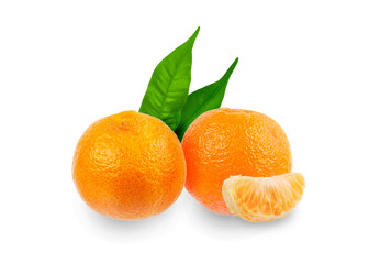 Whole tangerine peel with a slice of tangerine on a white background
