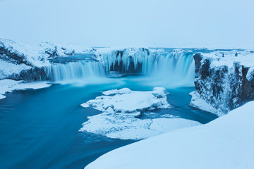 Beautiful Godafoss-Waterfall in Winter Covered in Snow, Iceland