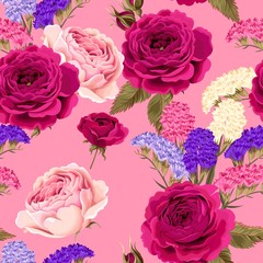 Vector seamless pattern with roses and dry flowers