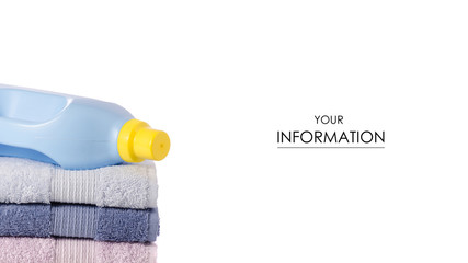 A stack of towels softener conditioner liquid laundry detergent pattern on white background isolation