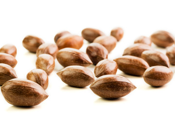 Not cleaned pecan nuts in the shell isolated on white.