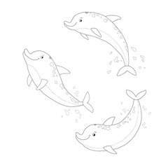 Outlined dolphins set. Coloring book illustration. Cartoon vector hand drawn eps 10 illustration isolated on white background in a flat style.