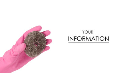 Hands in rubber gloves for cleaning metal brush for cleaning pattern on a white background isolation