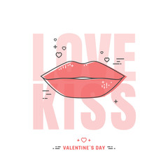 Love kiss. Line lips vector illustration. Happy Valentines Day postcard.