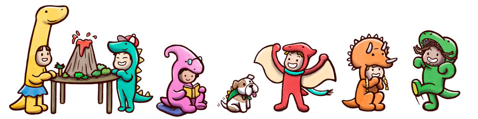 Set of six children and a dog in dinosaur costumes – isolated in white background