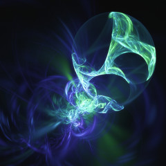 Glowing ligh green curved energy lines over dark Abstract Background space universe. Illustration