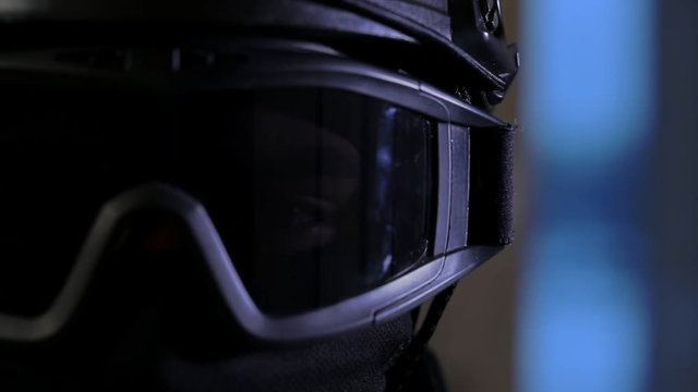 Commando in a helmet and mask close up