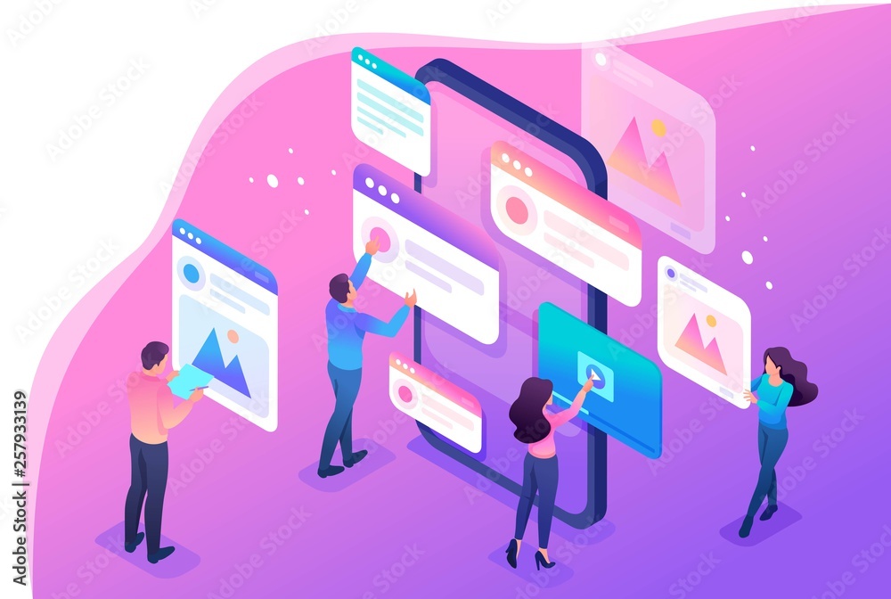 Poster isometric process of creating application design