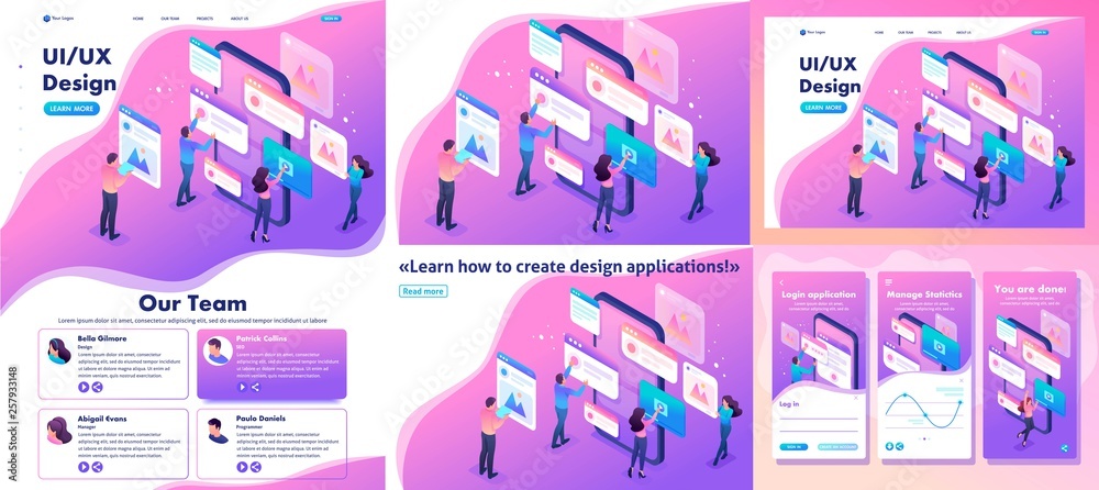 Poster isometric process of creating application design