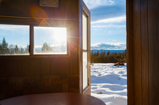 View of snowy landscape seen through camper van