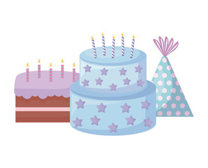 sweet cakes with candles and hat party