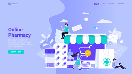 Flat vector illustration: online pharmacy, e-commerce concept. Website, landing page, banner template easy to edit and customize. Modern website background with small characters.