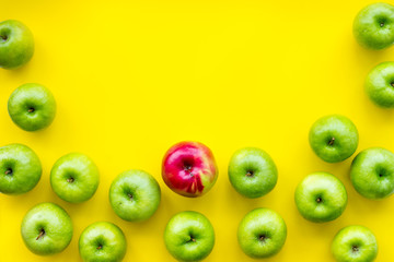 summer food with apples on yellow background top view mock up