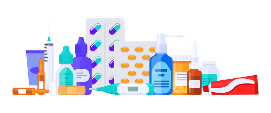Different types of medicaments, drugs, pills and bottles. Flat vector illustration isolated on white. Healthcare items. 