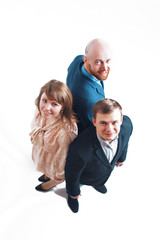 top view: three people back to back. Men and women in business suits