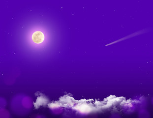 Obraz na płótnie Canvas Mystical Night sky background with full moon, clouds and stars. Moonlight night with copy space Sun risk time