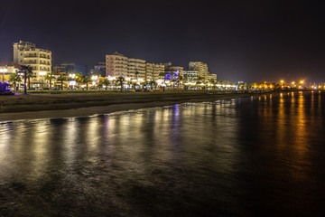 Fototapeta na wymiar Larnaca beach at night in February. Cyprus