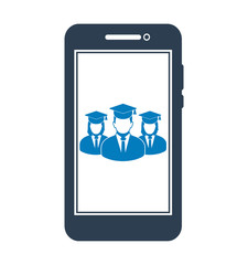 Online Learning Icon with graduate students on Mobile Screen Flat style vector EPS.