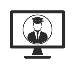 E Learning Icon. Graduate student symbol on Computer Monitor. Flat style vector EPS.