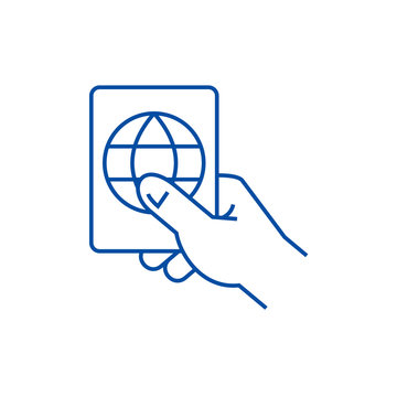 Hand Holding Passport Line Concept Icon. Hand Holding Passport Flat  Vector Website Sign, Outline Symbol, Illustration.