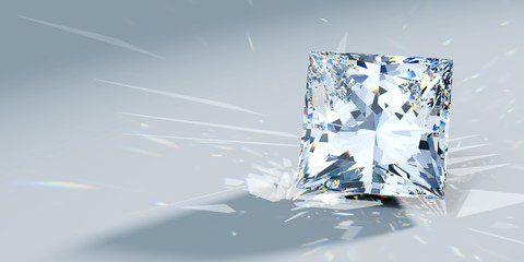 Close-up princess cut diamond with caustics rays on light blue background © DiamondGalaxy