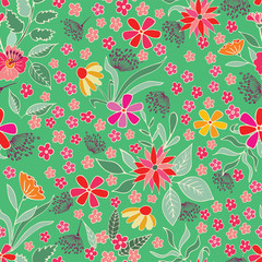 Seamless pattern with flowers and leaves on a green background