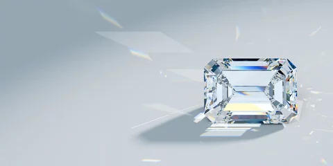 Poster Close-up emerald cut diamond with caustics rays on light blue background © DiamondGalaxy