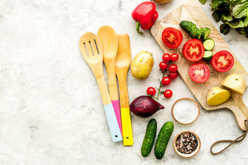 cooking with raw vegetables on light background top view mockup