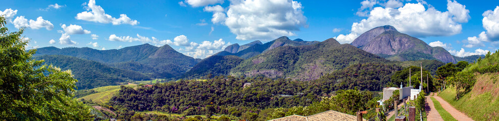 Mountains with rock walls and dense forest in the region of Itaipava, Rio de Janeiro