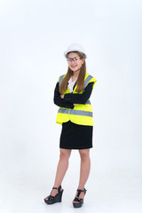 Beautiful asian Engineer woman Wear a suit, glasses and wearing a helmet on white background,Thailand people