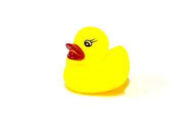 Yellow rubber duck toy on white background, isolated.