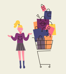 Girl with a lot of purchases. Sale at store. Flat design, vector illustration.
