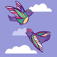 Couple of cute cartoon birds in sky with clouds