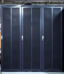 Server rack with three blue servers. Server farm, data center. Concept GDPR, RGPD, DSGVO concept illustration. General Data Protection Regulation.