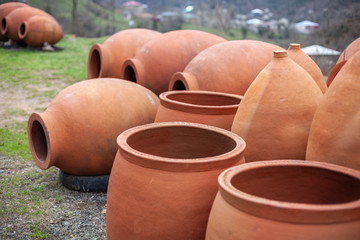 Georgian traditional jugs kvevri for wine, outdoor