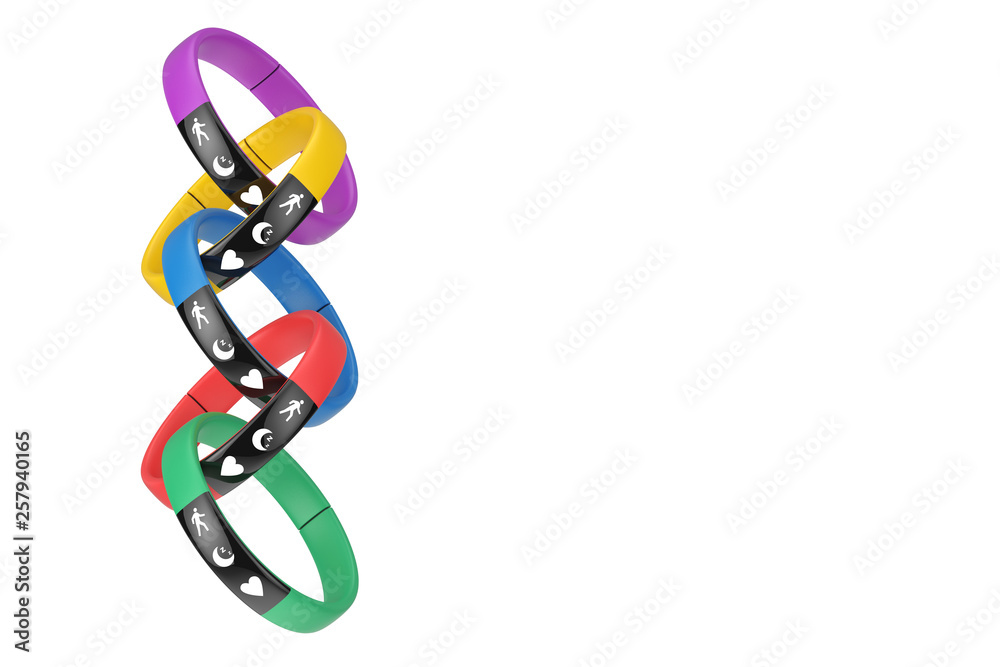 Poster multicolour fitness trackers in shape of chain. 3d rendering