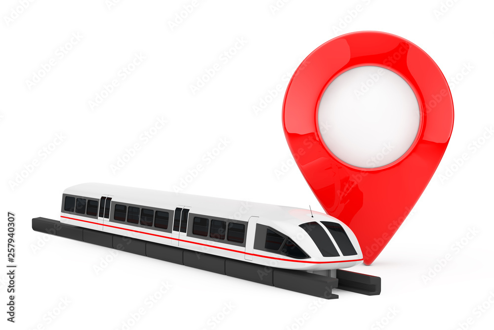 Aufkleber Super High Speed Futuristic Commuter Train near Target Pin Pointer. 3d Rendering