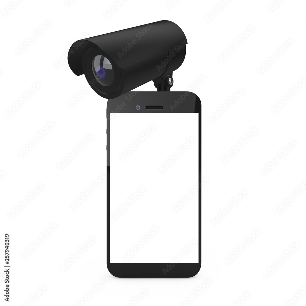 Fototapete security concept. mobile phone with blank screen and security camera. 3d rendering