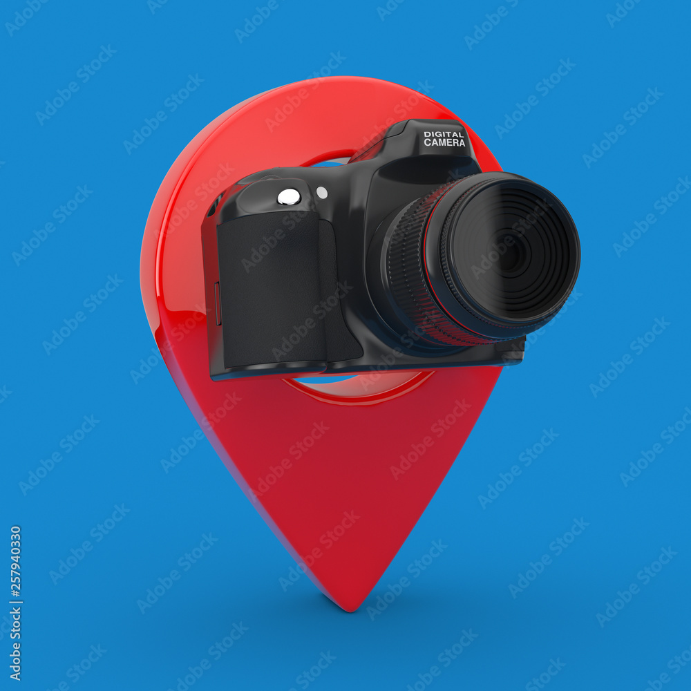 Poster abstract modern digital photo camera with target pin pointer. 3d rendering