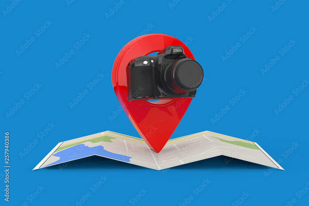 Poster abstract modern digital photo camera over folded abstract navigation map with target pin pointer. 3d
