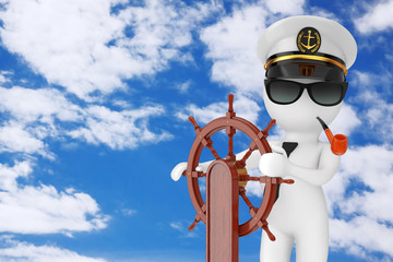 Captain Cartoon Character in Navy Ship Captain Hat with Smoking Pipe and Sunglasses near Vintage Wooden Ship Steering Wheel with Stand. 3d Rendering - obrazy, fototapety, plakaty