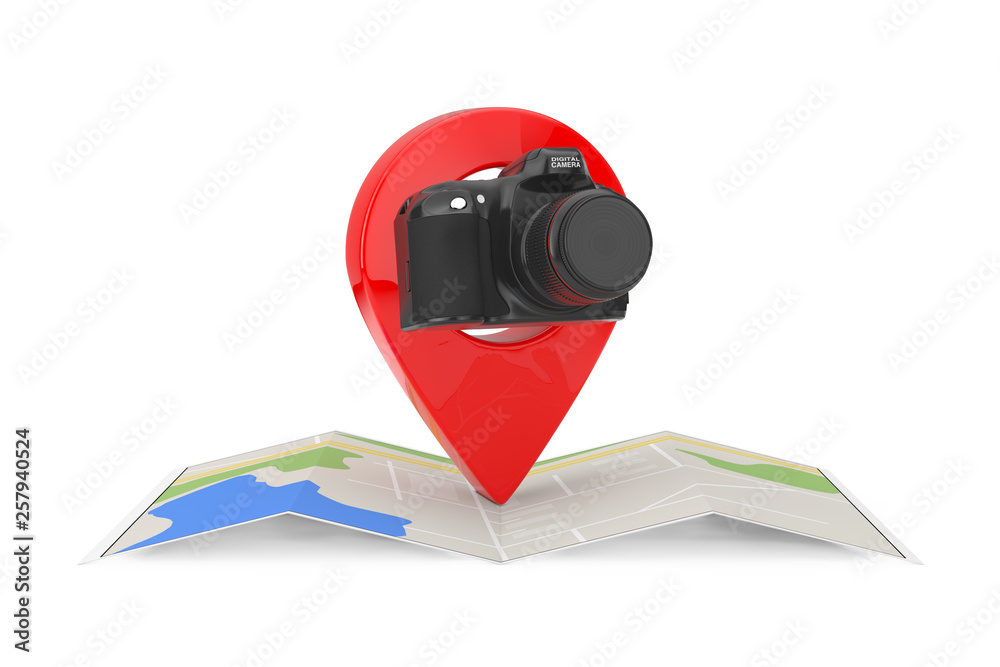 Poster abstract modern digital photo camera over folded abstract navigation map with target pin pointer. 3d
