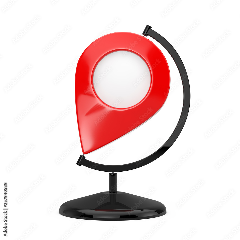 Poster map pointer pin in the shape of earth globe. 3d rendering