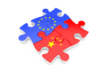 European Union and China Cooperation Puzzle as Flags. 3d Rendering