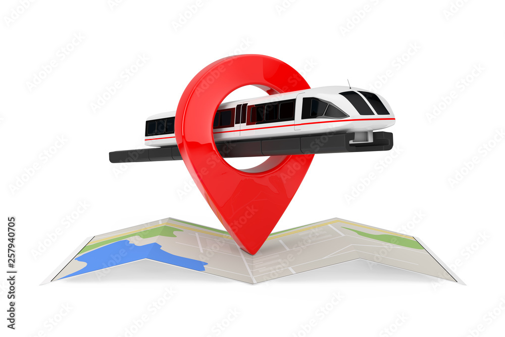 Aufkleber Super High Speed Futuristic Commuter Train over Folded Abstract Navigation Map with Target Pin Pointer. 3d Rendering