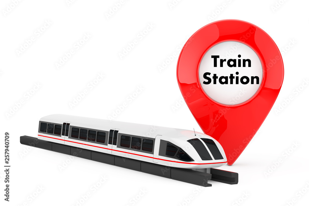 Aufkleber Super High Speed Futuristic Commuter Train near Target Pin Pointer with Train Station Sign. 3d Rendering