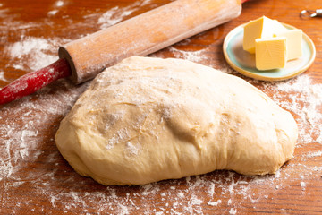Food bakery concept making bread dought for Cinnamon Roll Braided Bread with copy space