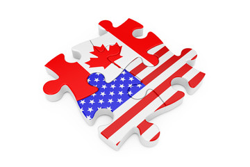 Obraz premium USA and Canada Cooperation Puzzle as Flags. 3d Rendering