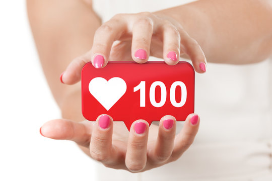Two Woman Hands Protecting Red Social Media Network Love and Like Heart Icon. 3d Rendering